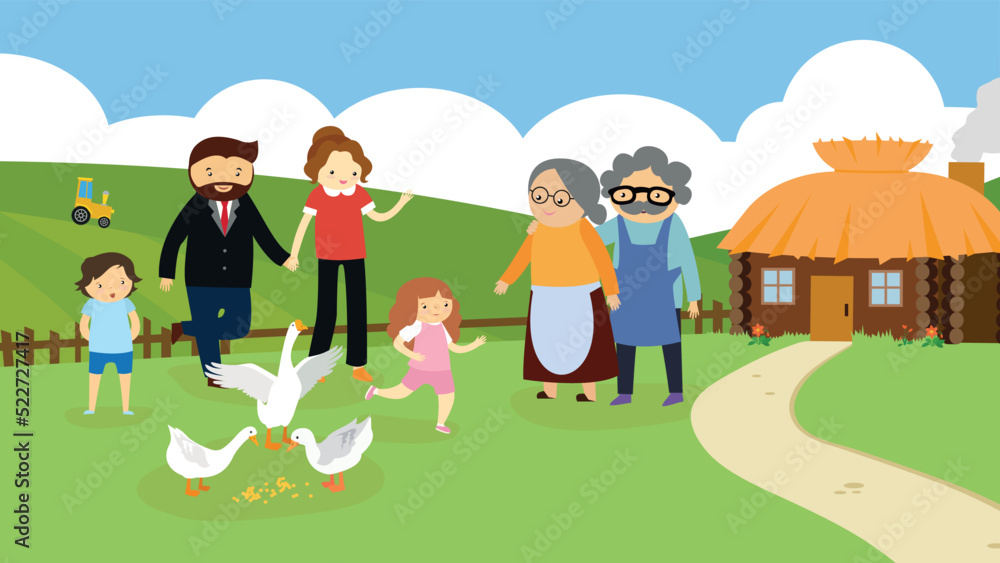 Family with children in the village with grandparents Family with children in the village with grandparents