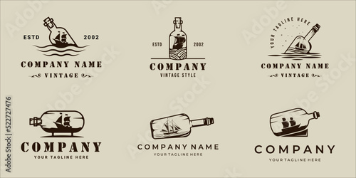 set of sailing ship inside bottle logo vintage vector illustration template icon graphic design. bundle collection of various retro sailboat miniature sign or symbol for business or print t-shirt