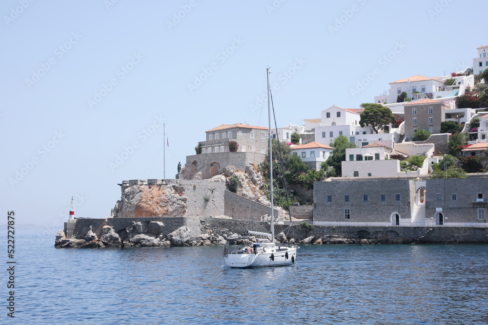 Beautiful view of sea with boat and coastal city Beautiful view of sea with boat and coastal city
