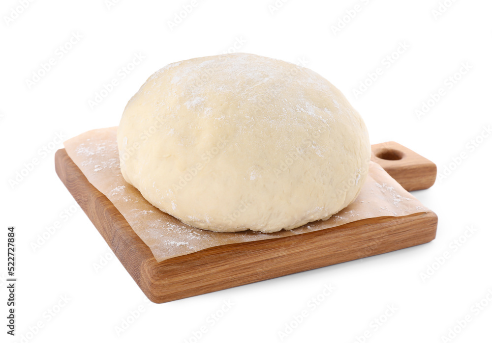 Fresh raw wheat dough on wooden board against white background Fresh raw wheat dough on wooden board against white background