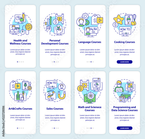 Online education fields onboarding mobile app screen set. Walkthrough 4 steps editable graphic instructions with linear concepts. UI, UX, GUI template. Myriad Pro-Bold, Regular fonts used