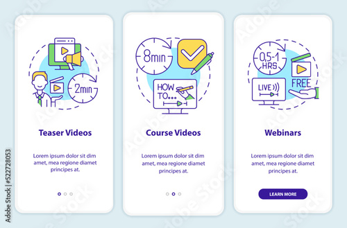 Online tutorials types onboarding mobile app screen. Walkthrough 3 steps editable graphic instructions with linear concepts. UI, UX, GUI template. Myriad Pro-Bold, Regular fonts used