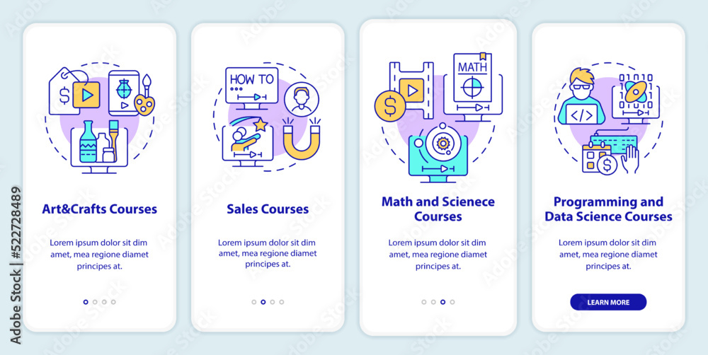 Online courses ideas onboarding mobile app screen. Walkthrough 5 steps editable graphic instructions with linear concepts. UI, UX, GUI template. Myriad Pro-Bold, Regular fonts used