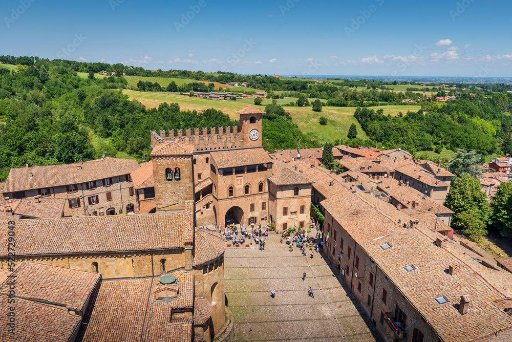 Panoramic aerial view of Castell'Arquato medieval town in Piacenza Italy