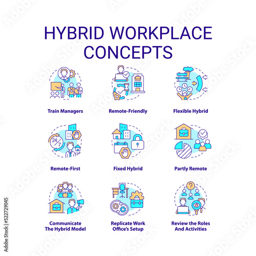 Hybrid workplace concept icons set. Remote and in office work shifts. Flexible schedule idea thin line color illustrations. Isolated symbols. Editable stroke. Roboto-Medium, Myriad Pro-Bold fonts used
