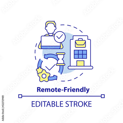 Remote friendly concept icon. Combined schedule. Hybrid work model abstract idea thin line illustration. Isolated outline drawing. Editable stroke. Arial, Myriad Pro-Bold fonts used