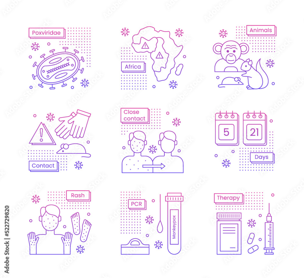 Monkeypox virus medicine concept. A set of icons about monkeypox. Gradient. Vector line illustration isolated on a white background. Monkeypox virus medicine concept. A set of icons about monkeypox. Gradient. Vector line illustration isolated on a white background.