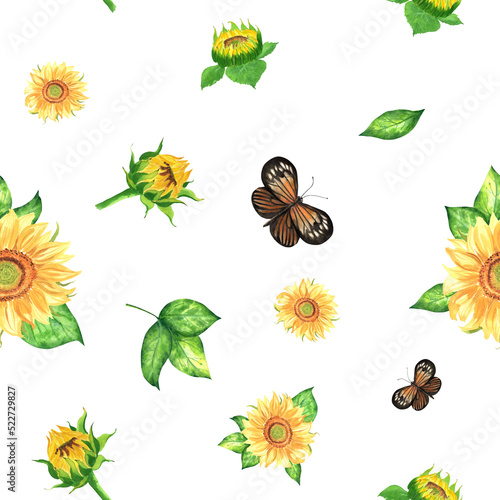 Hand-painted watercolor floral pattern of garden flowers and leaves. Sunflowers  leaves and butterflies
