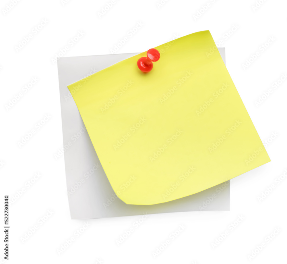 Blank notes pinned on white background, top view Blank notes pinned on white background, top view