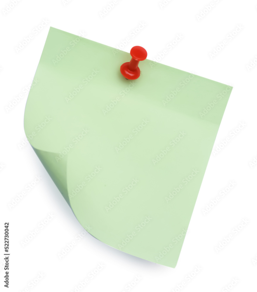 Blank light green note pinned on white background, top view Blank light green note pinned on white background, top view