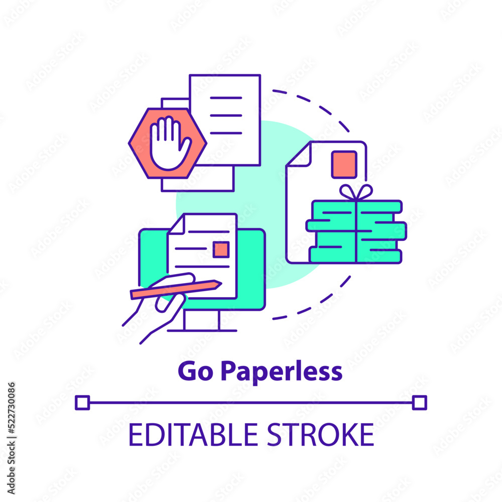 Go paperless concept icon. Digital documents. Remote work productivity tip abstract idea thin line illustration. Isolated outline drawing. Editable stroke. Arial, Myriad Pro-Bold fonts used Go paperless concept icon. Digital documents. Remote work productivity tip abstract idea thin line illustration. Isolated outline drawing. Editable stroke. Arial, Myriad Pro-Bold fonts used