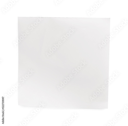 Blank sticky note on white background, top view