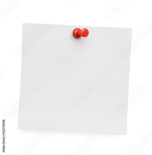 Blank note pinned on white background, top view