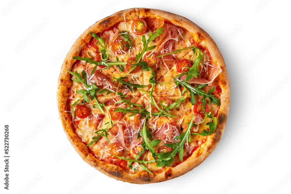 Pizza with cheese, ketchup, prosciutto, arugula and tomatoes