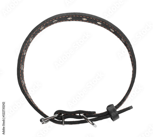 Black leather dog collar isolated on white, top view