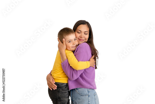 Happy young mother with her little son on a white isolated background. interracial family. The concept of a happy family, motherhood. portrait mom and baby