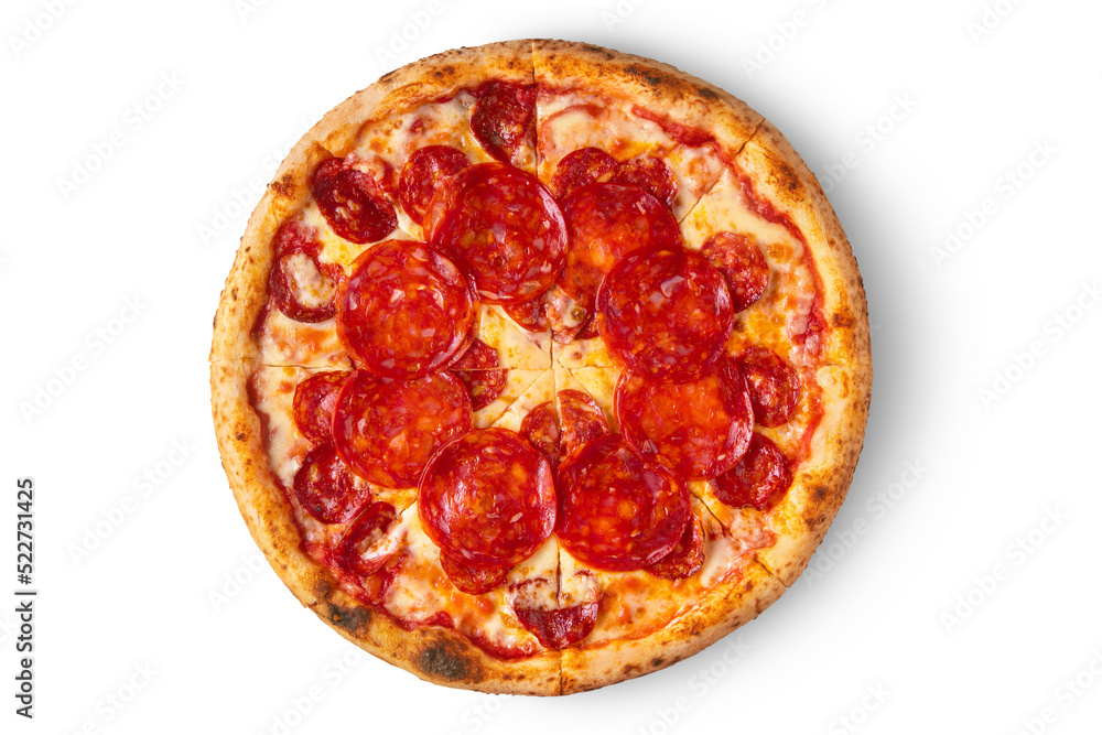 Pizza with cheese, ketchup, pepperoni and sausages