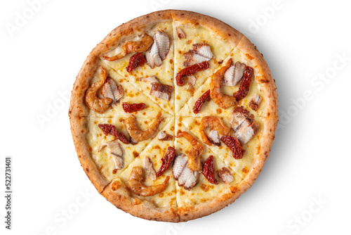 Pizza with shrimps, cheese, pepper and eel
