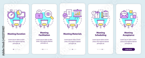 Meeting norms onboarding mobile app screen. Business conference walkthrough 5 steps editable graphic instructions with linear concepts. UI, UX, GUI template. Myriad Pro-Bold, Regular fonts used
