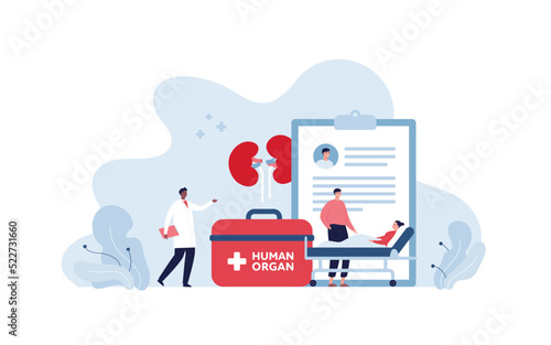 Voluenteering and kidney organ donation concept. Vector flat people healthcare illustration. African doctor and female patient in medical bed character. Kidney, transplant box symbol.
