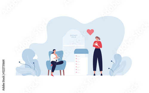 Voluenteering and beast milk donation concept. Vector flat people healthcare illustration. Female donor collect milk sitting in chair with pump and mom feed infant by bottle.