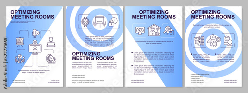 Improving meeting rooms blue brochure template. Business. Leaflet design with linear icons. Editable 4 vector layouts for presentation, annual reports. Arial, Myriad Pro-Regular fonts used