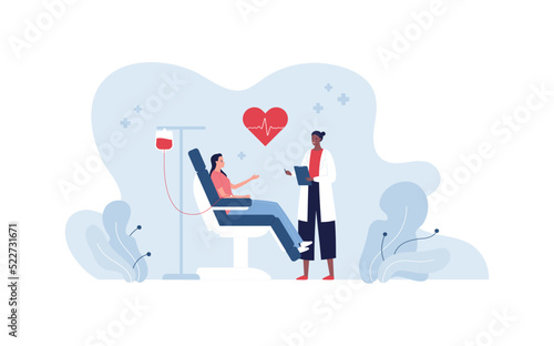 Voluenteering and blood donation concept. Vector flat people healthcare illustration. African female nurse and woman volunteer donate blood. Heart shape with heartbeat and medical chair.