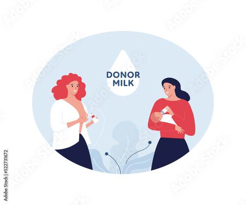 Voluenteering and beast milk donation concept. Vector flat people healthcare illustration. Female donor collect milk with pump and mom feed infant by bottle. Drop with text.