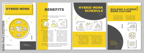 Hybrid workplace yellow brochure template. Home and office. Leaflet design with linear icons. Editable 4 vector layouts for presentation, annual reports. Arial, Myriad Pro-Regular fonts used