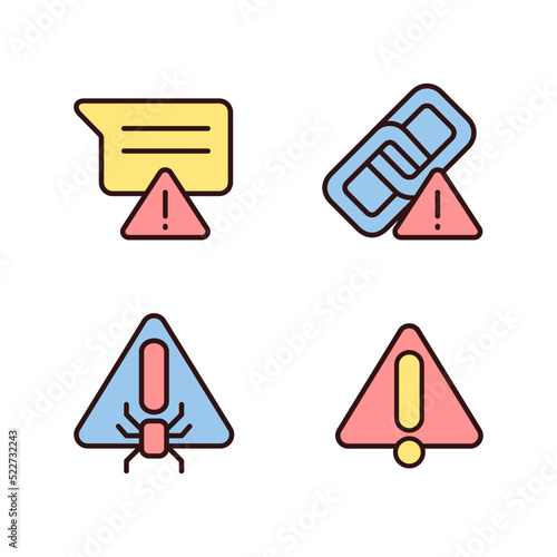 Computer problems pixel perfect RGB color icons set. Virus danger. Hyperlink issue. Message is not sent. Isolated vector illustrations. Simple filled line drawings collection. Editable stroke