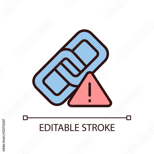 Wrong link pixel perfect RGB color icon. Broken hyperlink. Damaged connection. Redirecting failure. Isolated vector illustration. Simple filled line drawing. Editable stroke. Arial font used