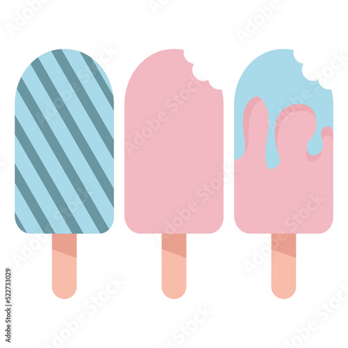Set of different blue and pink ice creams with bite