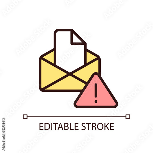 Email warning pixel perfect RGB color icon. Send and receive digital letter. Online interaction failure. Isolated vector illustration. Simple filled line drawing. Editable stroke. Arial font used