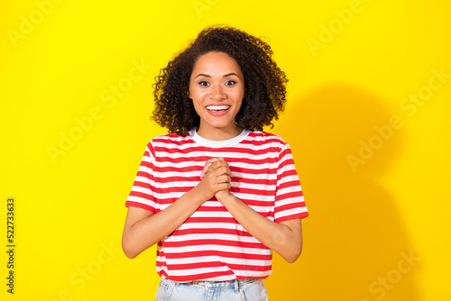 Photo of brunette hooray lady wear hold arms isolated on bright yellow color background © deagreez