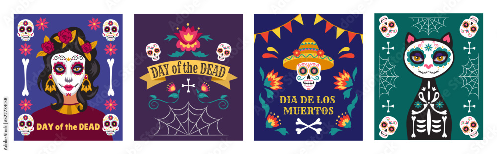 Mexican dead day posters. Catrina calavera, cat and people skull, mexico flower invitation, death woman skeleton, man in sombrero, traditional decor. Latin dia muertos card vector illustration