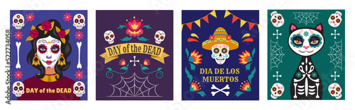 Mexican dead day posters. Catrina calavera, cat and people skull, mexico flower invitation, death woman skeleton, man in sombrero, traditional decor. Latin dia muertos card vector illustration