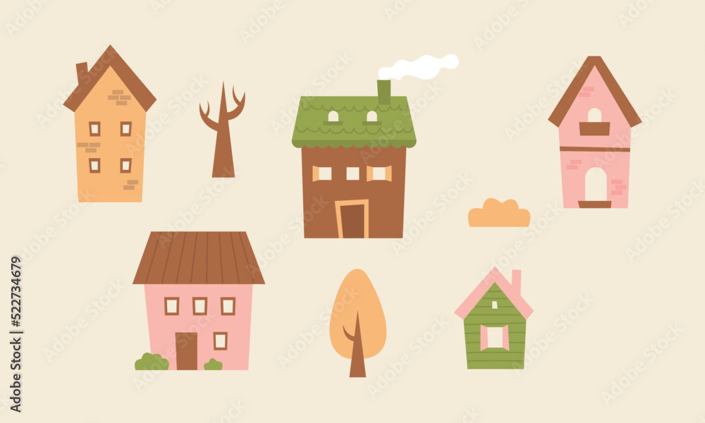 Cute tiny houses. Cartoon small town houses, minimalism city buildings. Autumn landcapes vector illustration set.