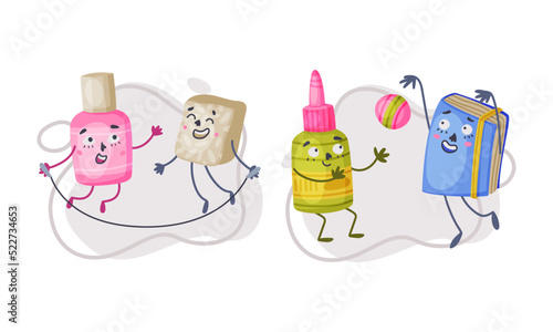 Set of funny school supplies characters. Eraser and correction fluid, glue bottle and book are best friends cartoon vector illustration