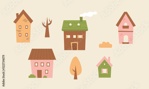 Cute tiny houses. Cartoon small town houses, minimalism city buildings. Autumn landcapes vector illustration set.