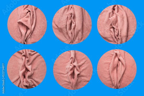 Pink soft fabric shaped as female genital organs, collection of different vulva shapes photo