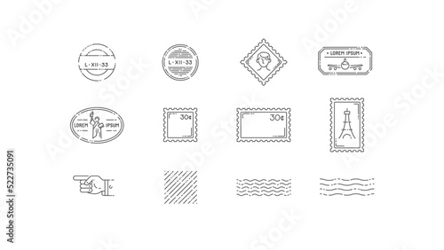 Minimal postal stamp icon set. Outline mail stamp collection. Simple line vector illustration. 