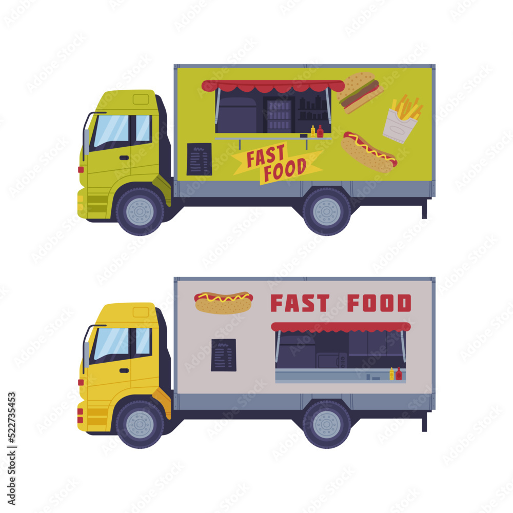 Set of dood trucks. Side view of vans for street food selling cartoon vector illustration Set of dood trucks. Side view of vans for street food selling cartoon vector illustration