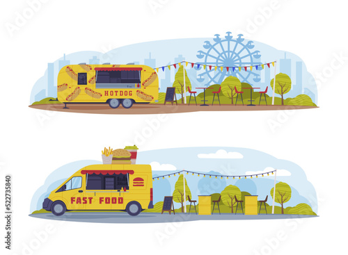 Set of commercial trucks for selling food in parks, street markets and fairs cartoon vector illustration