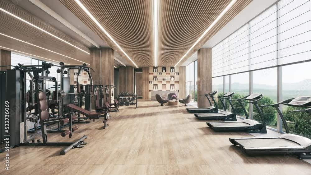 Empty modern gym interior with sports equipment. Gym with various exercise machines. 3d visualization