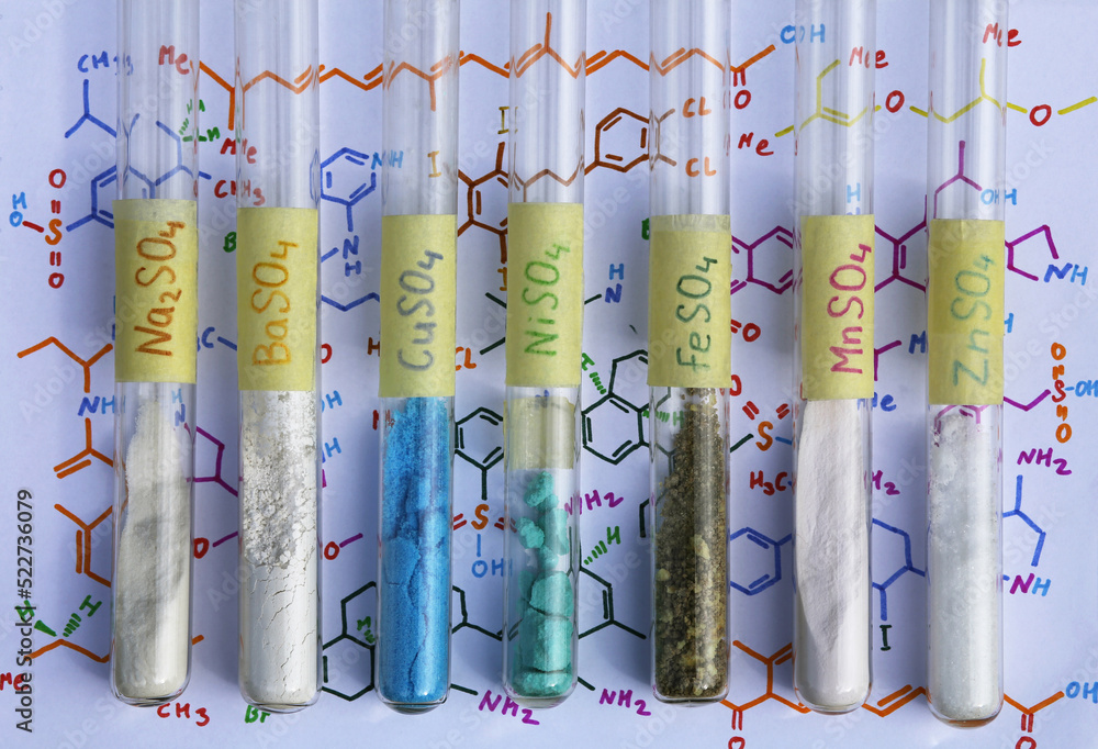 Colored sulfates sodium, barium, copper, nickel, iron, manganese and