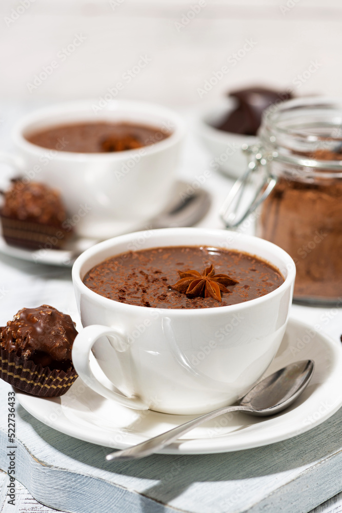 hot chocolate and sweets on white table, vertical closeup hot chocolate and sweets on white table, vertical closeup