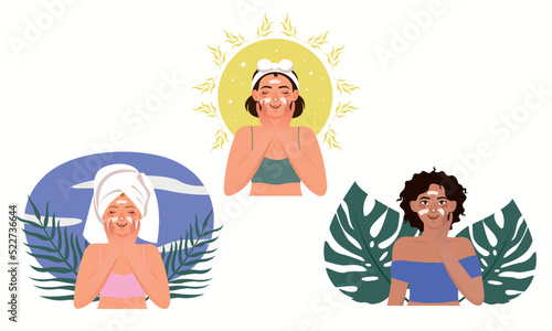Set of women applying cleansing and moisturizing face skincare products at home. Everyday skin care routine with cleanser and moisturizer. Colored flat graphic vector illustration isolated on white