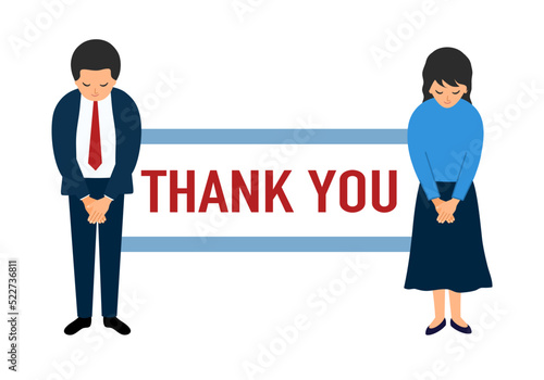 Businesspeople standing with thank you sign in flat design on white background.