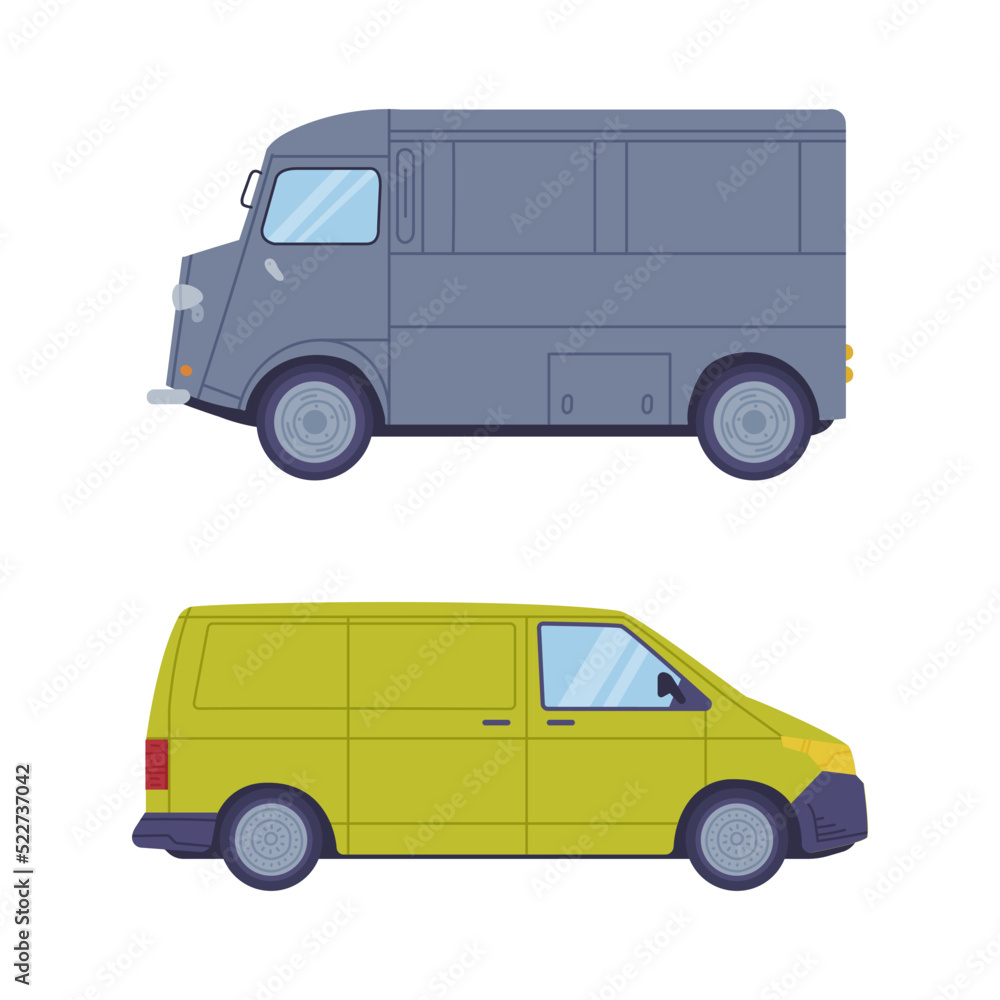 Set of commercial vans. Side view of green and gray delivery trucks cartoon vector illustration