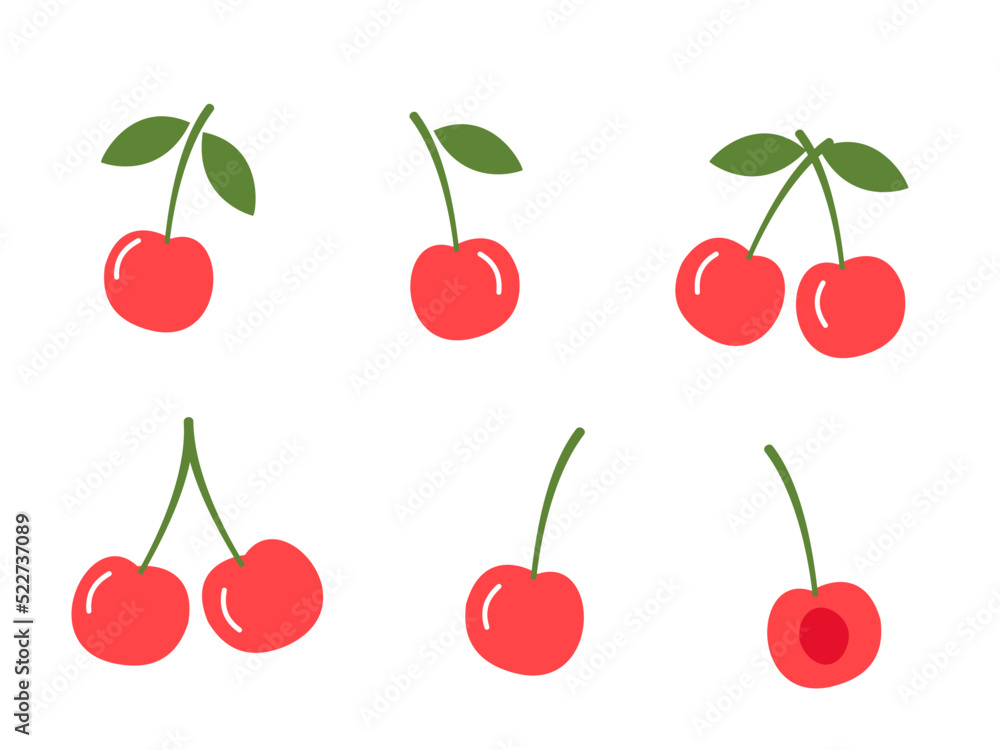 Set of cherry fruit icons with green leaves on white background vector. Set of cherry fruit icons with green leaves on white background vector.